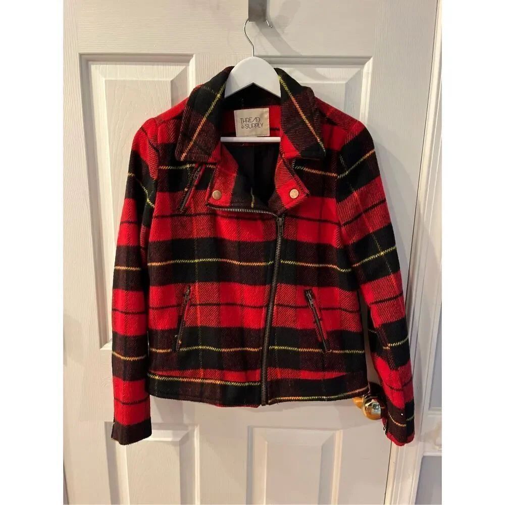 Thread & Supply Black Red Gold Plaid Moto Jacket sz M EUC